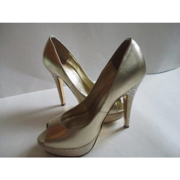 Mariah Carey Gold Champagne Rhinestone Peep Toe Stiletto Pumps - Size 6 - Picture 2 of 8